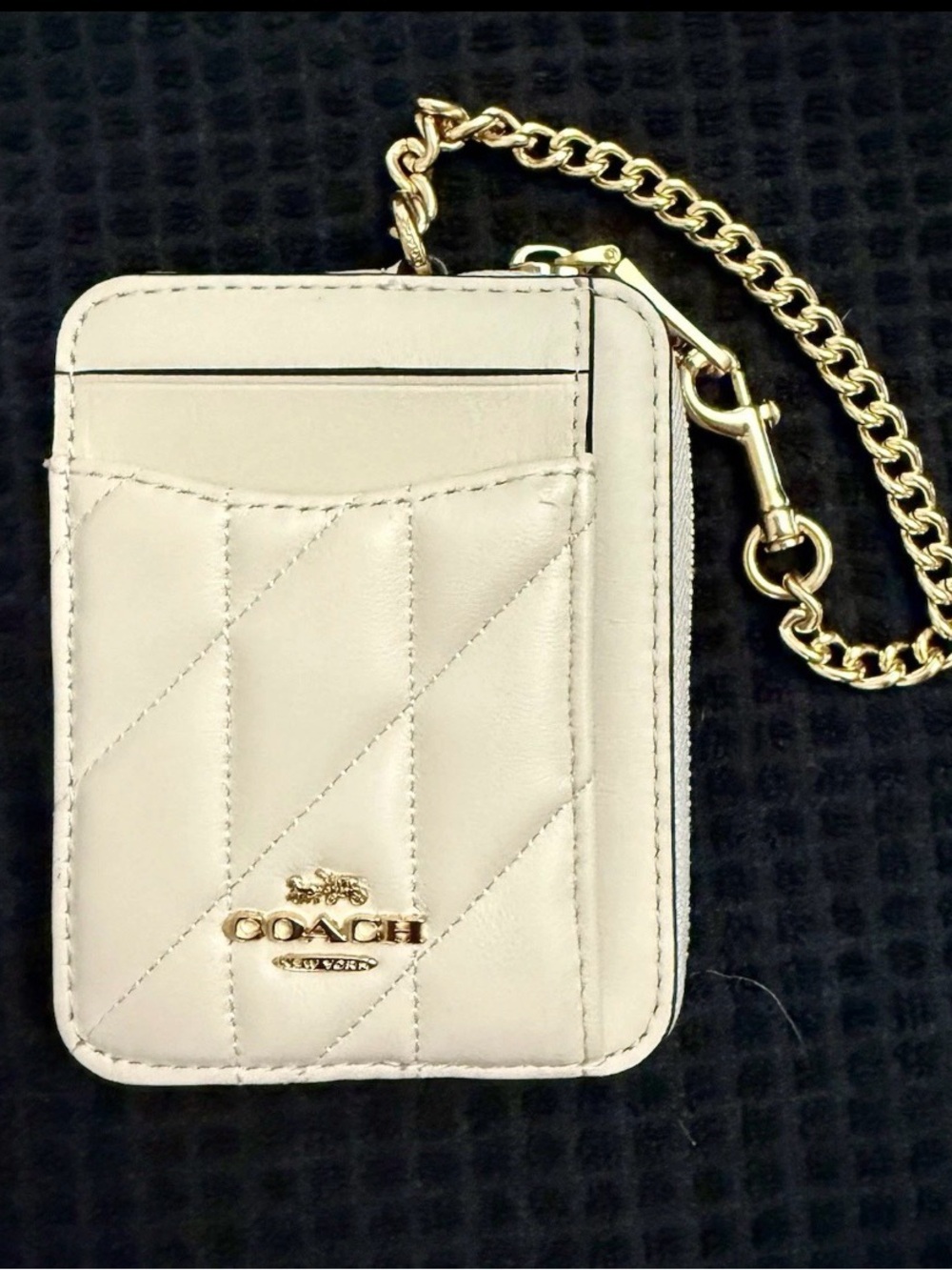 Coach Quilted Leather Card Holder with Gold Chain - Cream